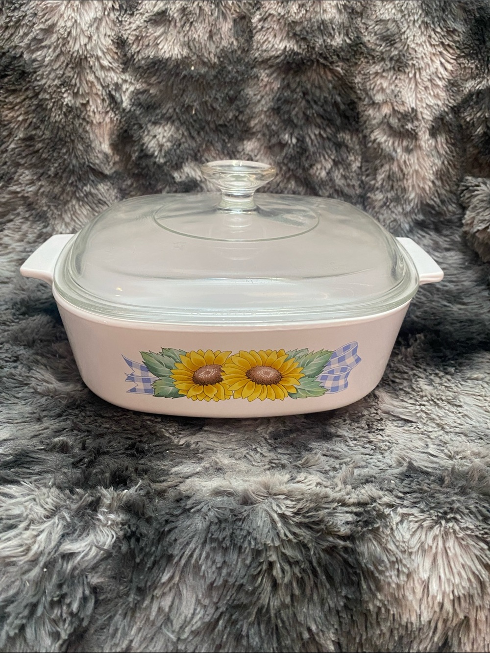 Vintage Corningware White Casserole with Sunflower and Blue Check Accent 2 L